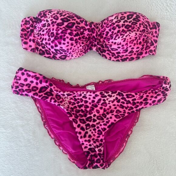 Luli Fama Bikini Pink Leopard Bandeau Push Up Top Ruched Brazilian Bottom - Picture 3 of 10